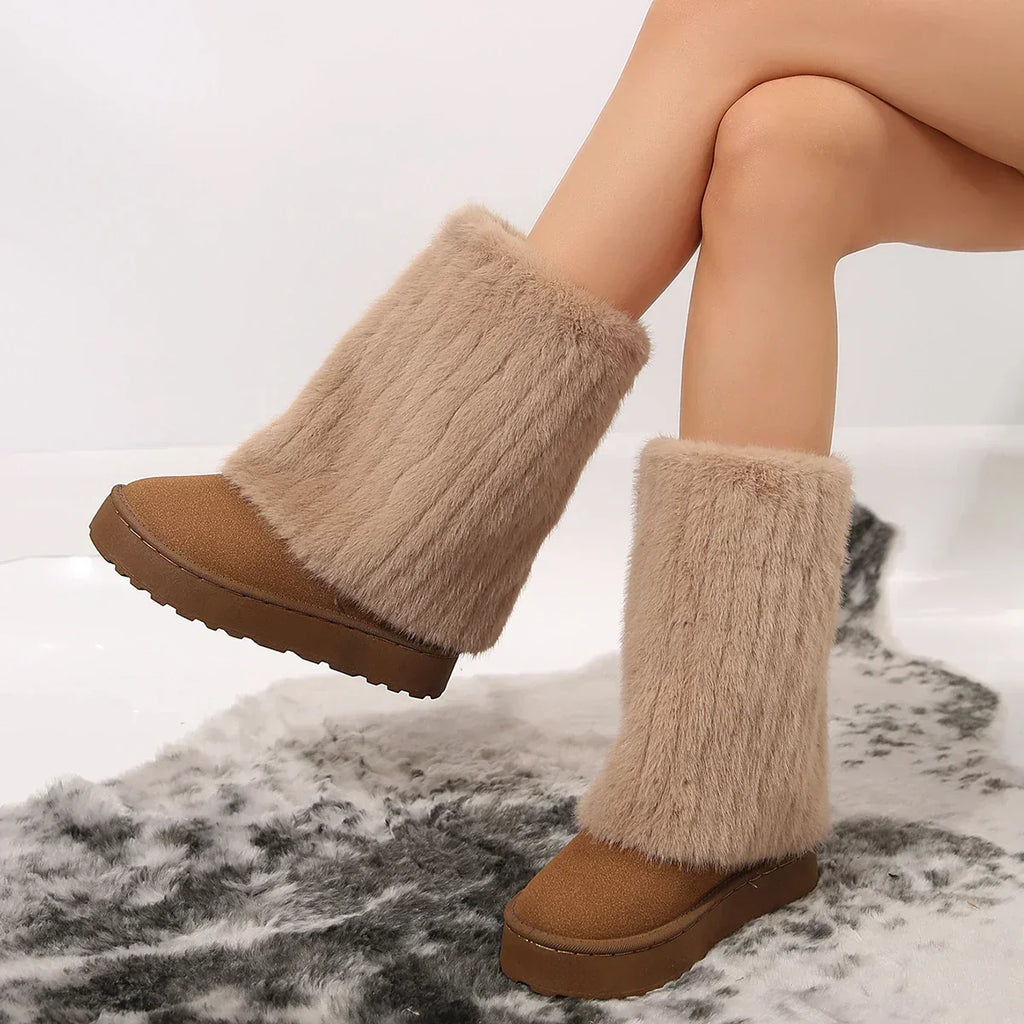 Brown knee-high platform lug boots with fuzzy faux-fur cuffs and thick tread soles