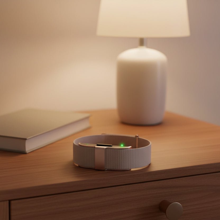 Smart fitness tracker watch with dark fabric strap and green LED indicator on face