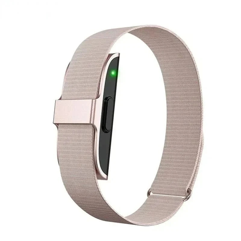 Smart fitness tracker watch with rose-gold textured strap and side button, green LED
