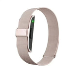Smart fitness tracker watch with rose-gold textured strap and side button, green LED