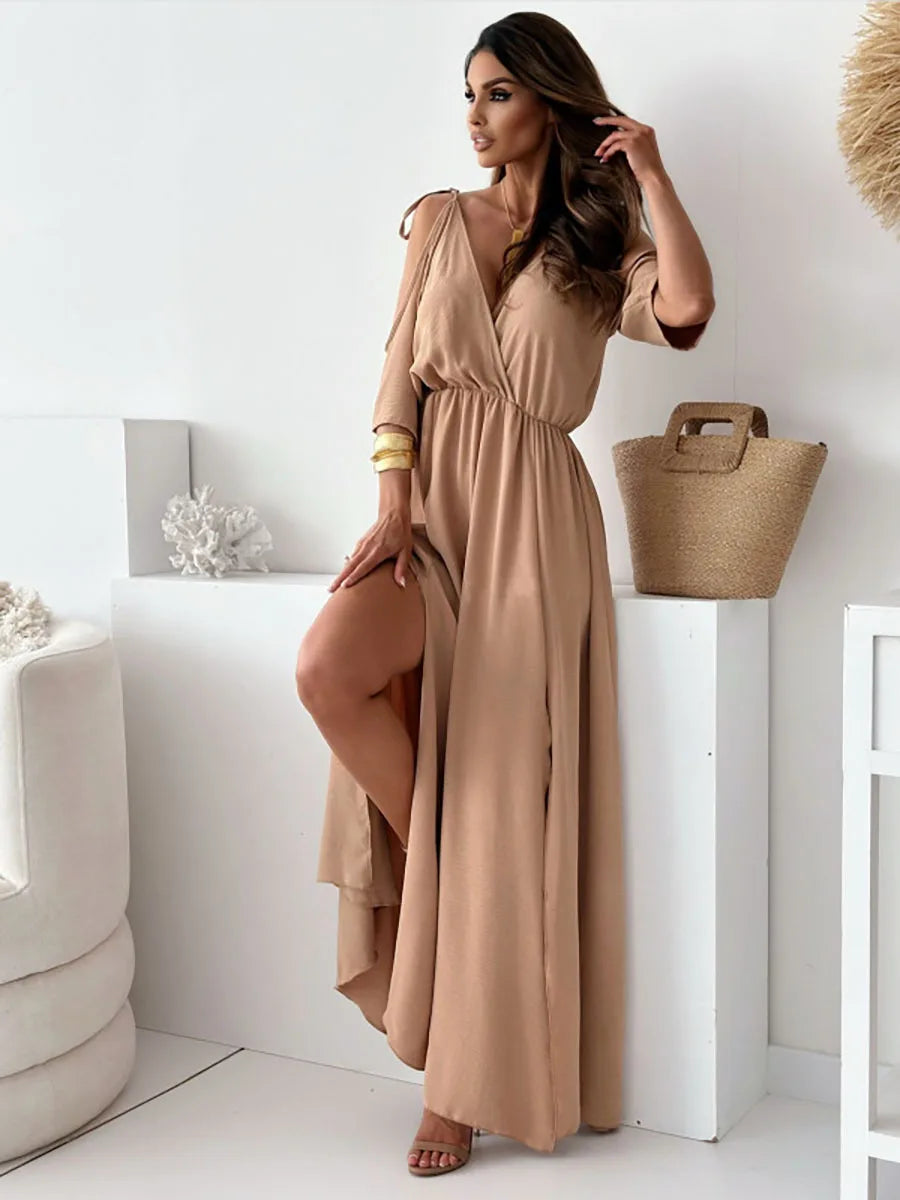 Rosavie | Cold Shoulder Maxi Dress for Women - V Neck Wrap Elasticated Slit Regular Fit-Dresses-Beige-S-Camoufit