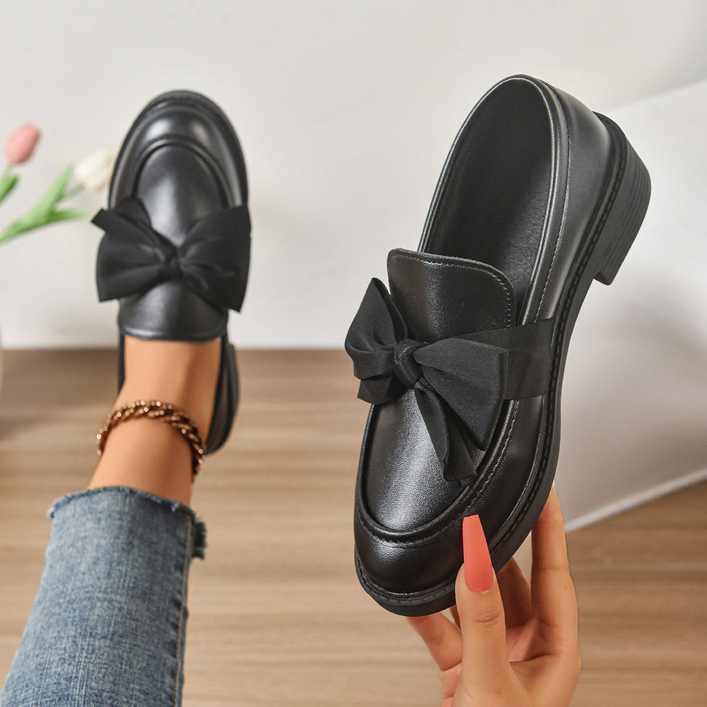 Sélora | Slip On Loafers for Women - Bow Detail Moc Toe Platform Cushioned Elegant Fit-Women's Flats-Black-4-Camoufit