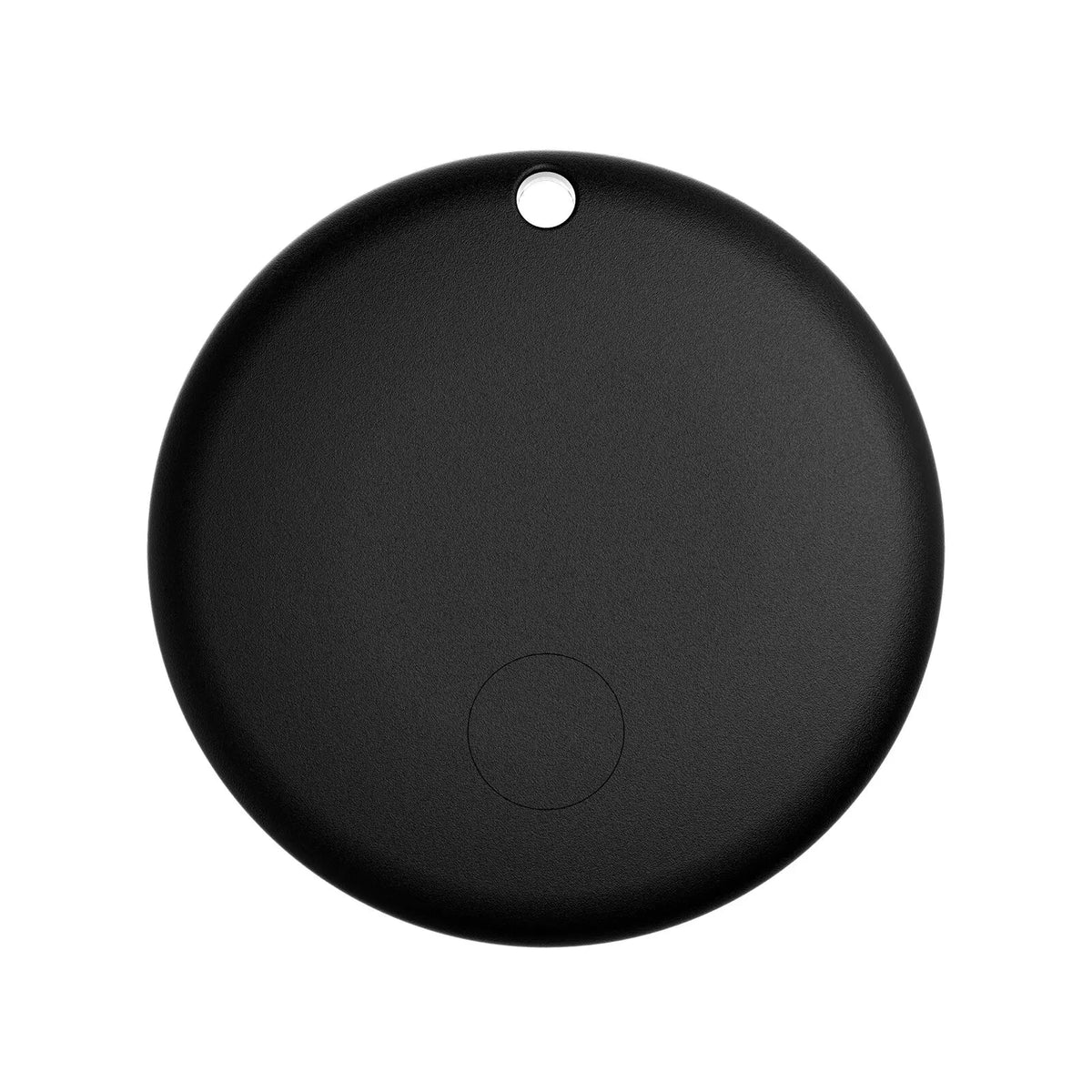 Round black pet tracker pod with hanging-loop hole and circular button