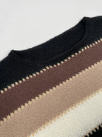 Striped women's sweater in brown, beige, and black knit with ribbed crew neck