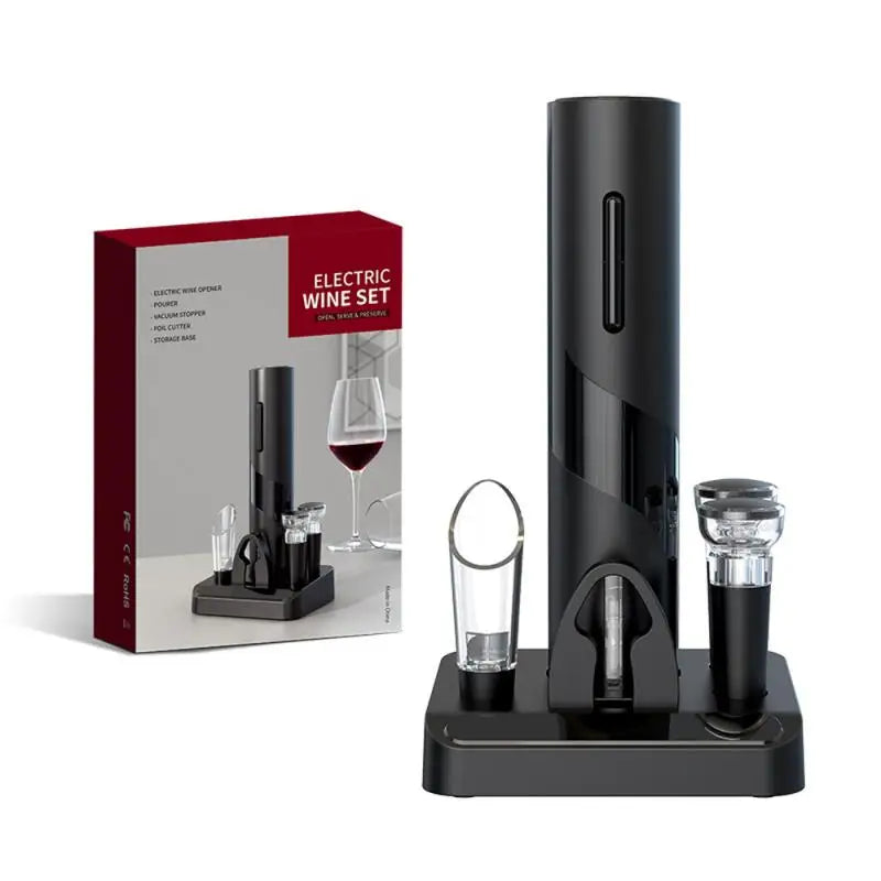 Electric wine opener in packaging with charging stand, bottle stopper, and accessories