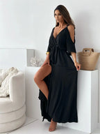 Rosavie | Cold Shoulder Maxi Dress for Women - V Neck Wrap Elasticated Slit Regular Fit-Dresses-Black-S-Camoufit
