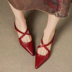 Orelia | Women's Genuine Leather Pointed Toe Mules – Cross Strap Elegant Fit-Women's Flats-Maroon-4-