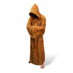 Men's hooded flannel robe, brown, long with hood up and belt