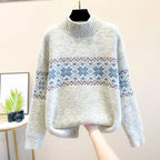 Women’s high turtleneck sweater in off-white, knit with blue Fair Isle chest pattern