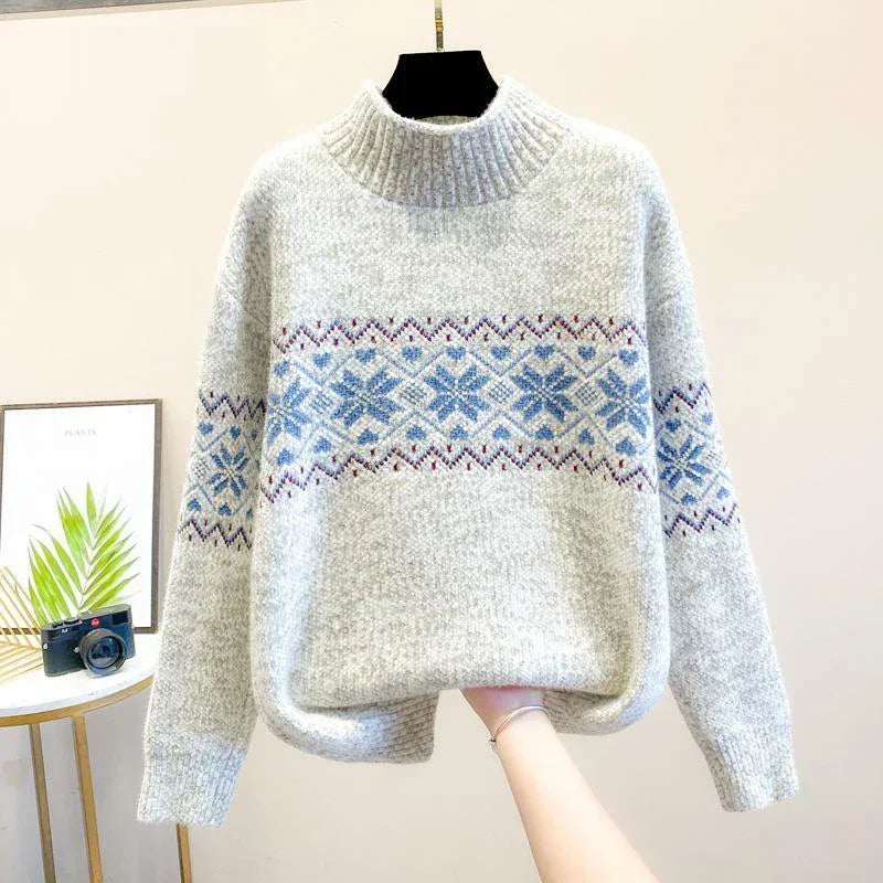 Women’s high turtleneck sweater in off-white, knit with blue Fair Isle chest pattern