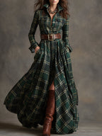 Women's Belted Shirt Dress with Flared Skirt Plaid Print Side Pockets Flattering A-Line Dress-Maxi Dress-Green-S-