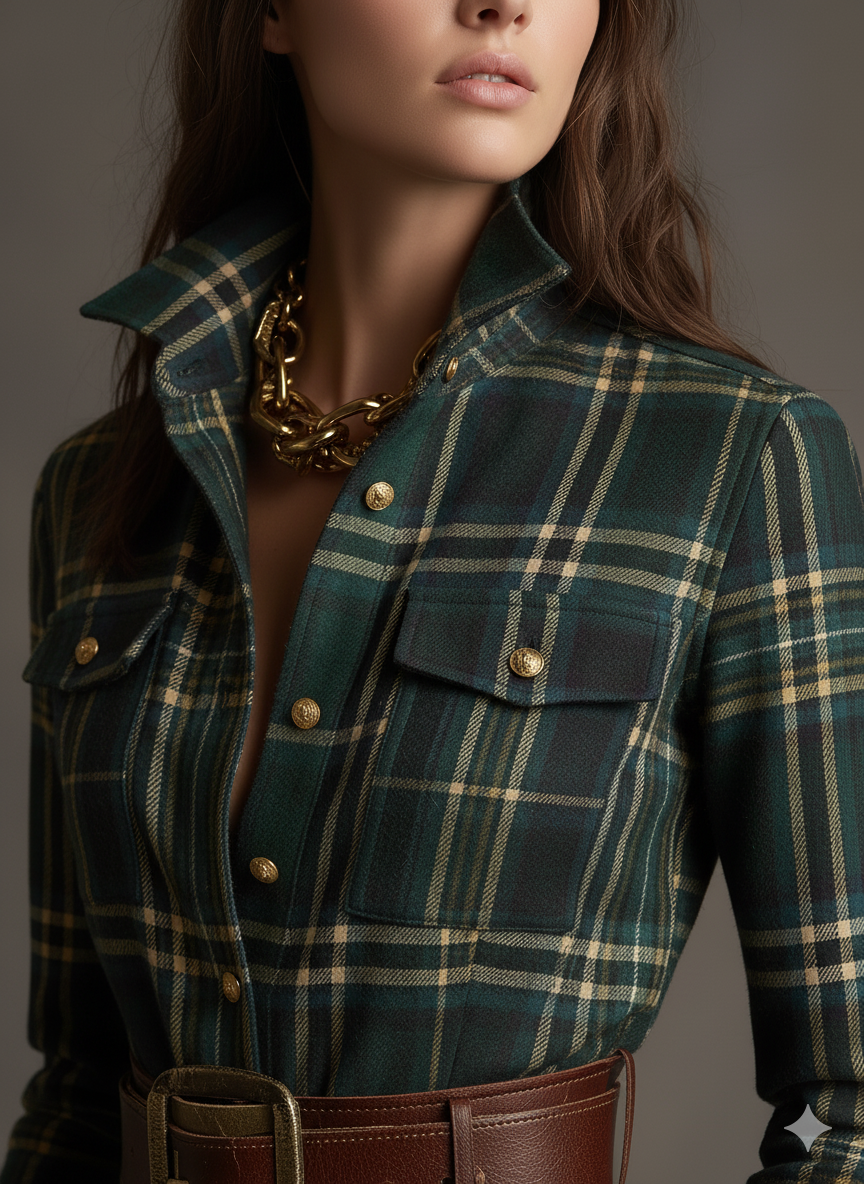 Women's Belted Shirt Dress with Flared Skirt Plaid Print Side Pockets Flattering A-Line Dress-Maxi Dress-Green-S-
