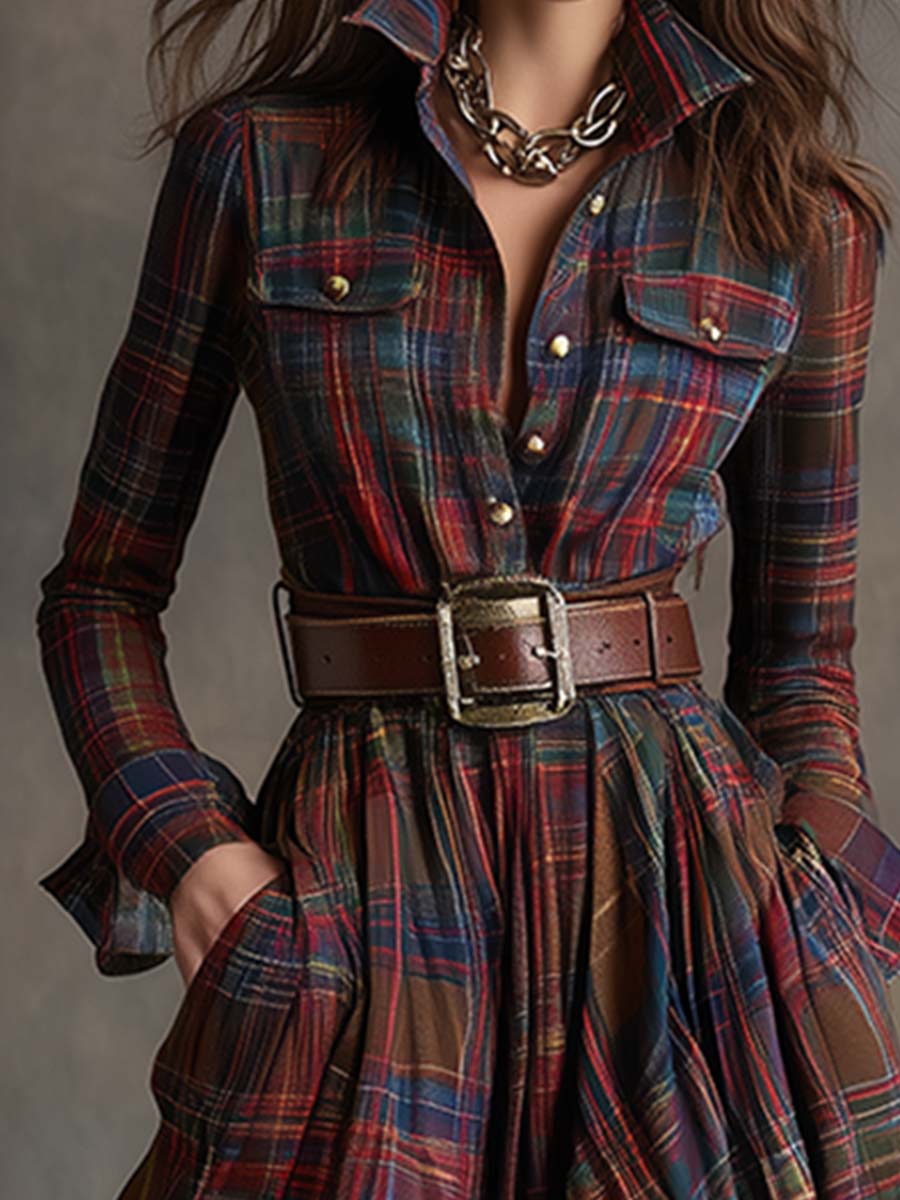 Women's Belted Shirt Dress with Flared Skirt Plaid Print Side Pockets Flattering A-Line Dress-Maxi Dress-Green-S-