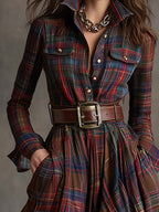 Women's Belted Shirt Dress with Flared Skirt Plaid Print Side Pockets Flattering A-Line Dress-Maxi Dress-Green-S-