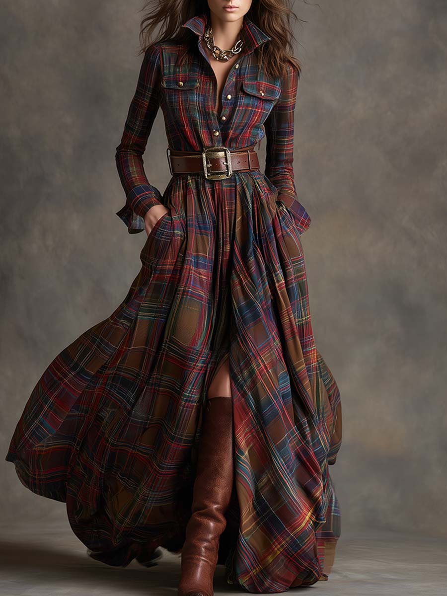 Women's Belted Shirt Dress with Flared Skirt Plaid Print Side Pockets Flattering A-Line Dress-Maxi Dress-Red-S-