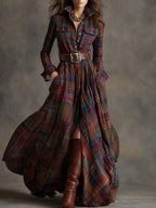Women's Belted Shirt Dress with Flared Skirt Plaid Print Side Pockets Flattering A-Line Dress-Maxi Dress-Red-S-