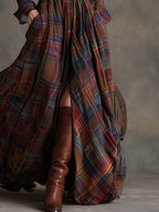 Women's Belted Shirt Dress with Flared Skirt Plaid Print Side Pockets Flattering A-Line Dress-Maxi Dress-Green-S-