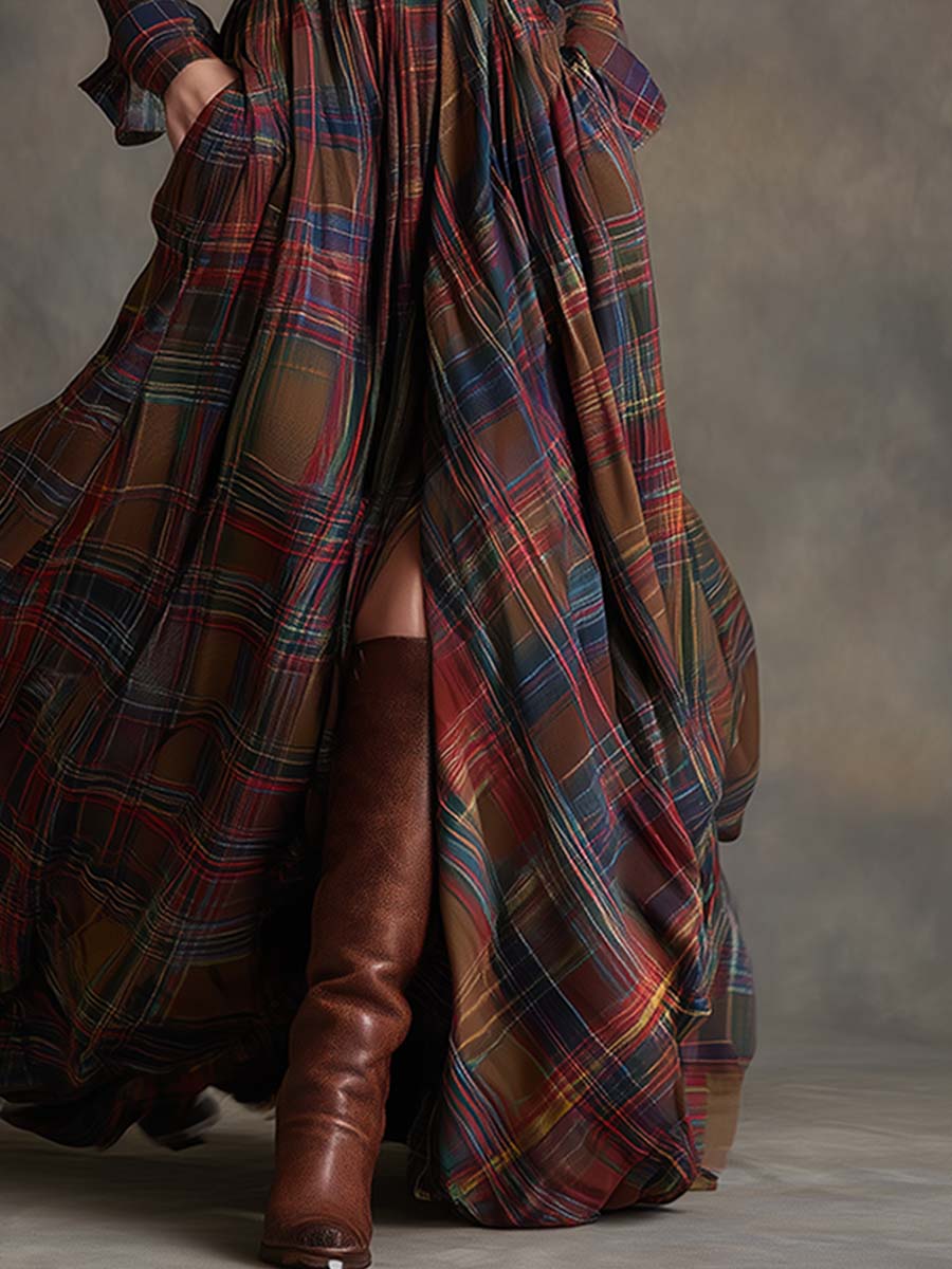 Women's Belted Shirt Dress with Flared Skirt Plaid Print Side Pockets Flattering A-Line Dress-Maxi Dress-Green-S-
