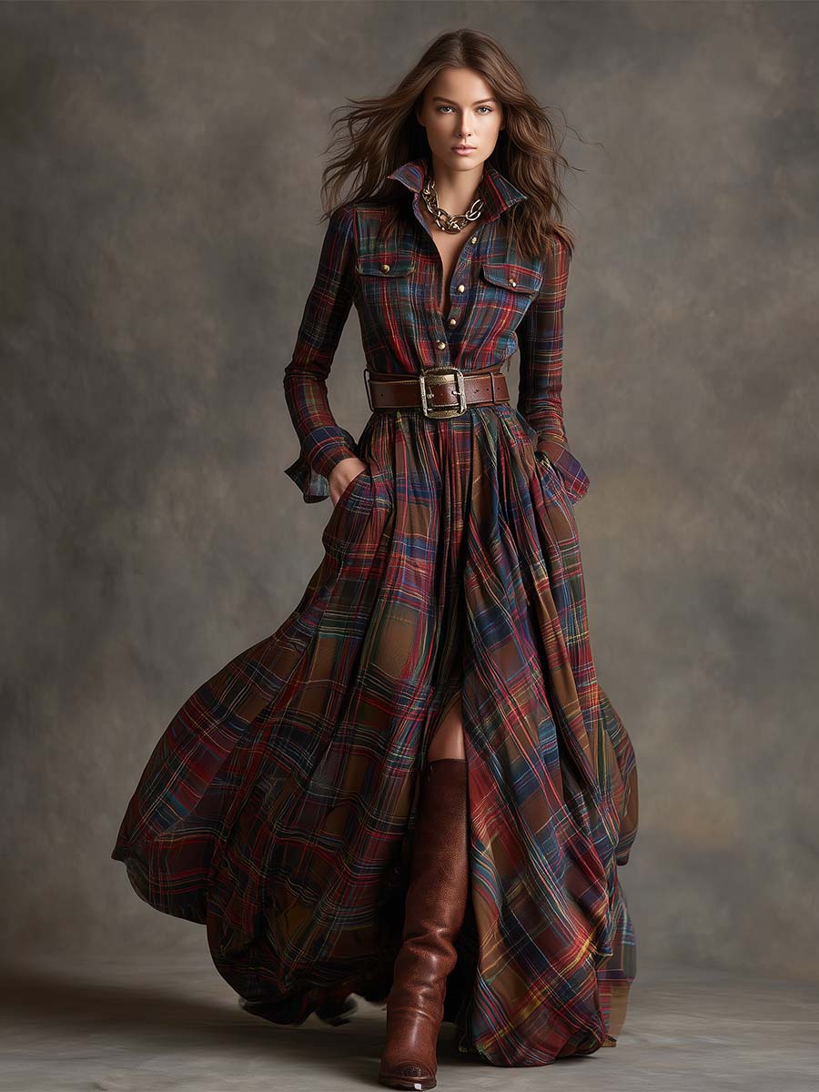Women's Belted Shirt Dress with Flared Skirt Plaid Print Side Pockets Flattering A-Line Dress-Maxi Dress-Green-S-