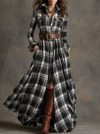 Women's Belted Shirt Dress with Flared Skirt Plaid Print Side Pockets Flattering A-Line Dress-Maxi Dress-Black-S-