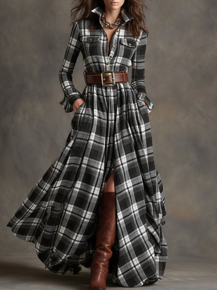 Women's Belted Shirt Dress with Flared Skirt Plaid Print Side Pockets Flattering A-Line Dress-Maxi Dress-Black-S-