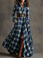 Women's Belted Shirt Dress with Flared Skirt Plaid Print Side Pockets Flattering A-Line Dress-Maxi Dress-Blue-S-