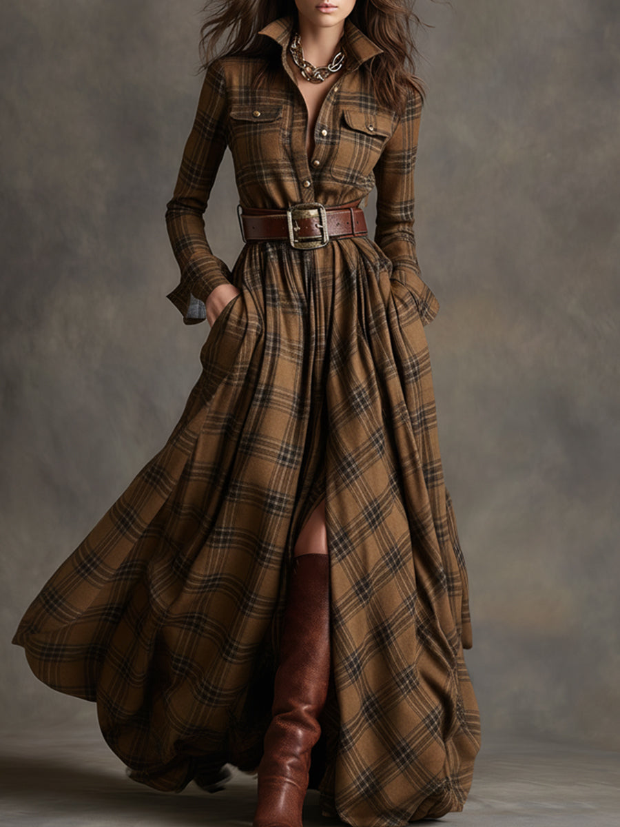 Women's Belted Shirt Dress with Flared Skirt Plaid Print Side Pockets Flattering A-Line Dress-Maxi Dress-Brown-S-
