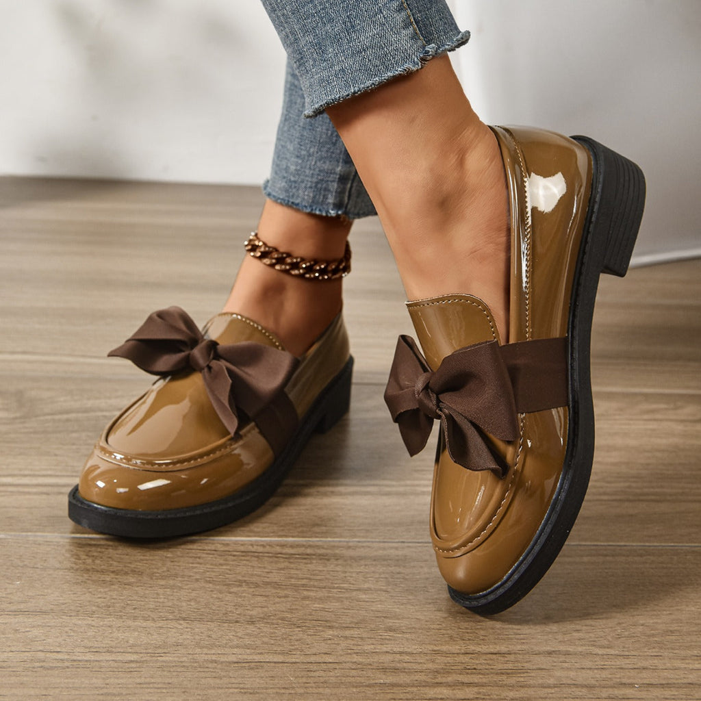 Sélora | Slip On Loafers for Women - Bow Detail Moc Toe Platform Cushioned Elegant Fit-Women's Flats-Brown-4-Camoufit