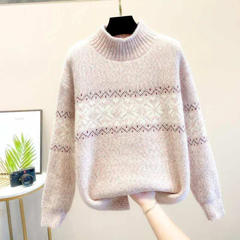 Women’s high turtleneck sweater in pale beige, fair isle stripe across chest
