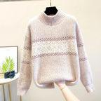 Women’s high turtleneck sweater in pale beige, fair isle stripe across chest