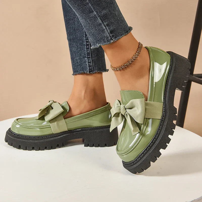Novara | Chunky Platform Shoes for Women - Butterfly Bow High-Gloss Leather Trendy Fit-Women's Flats-Pink-4-Camoufit