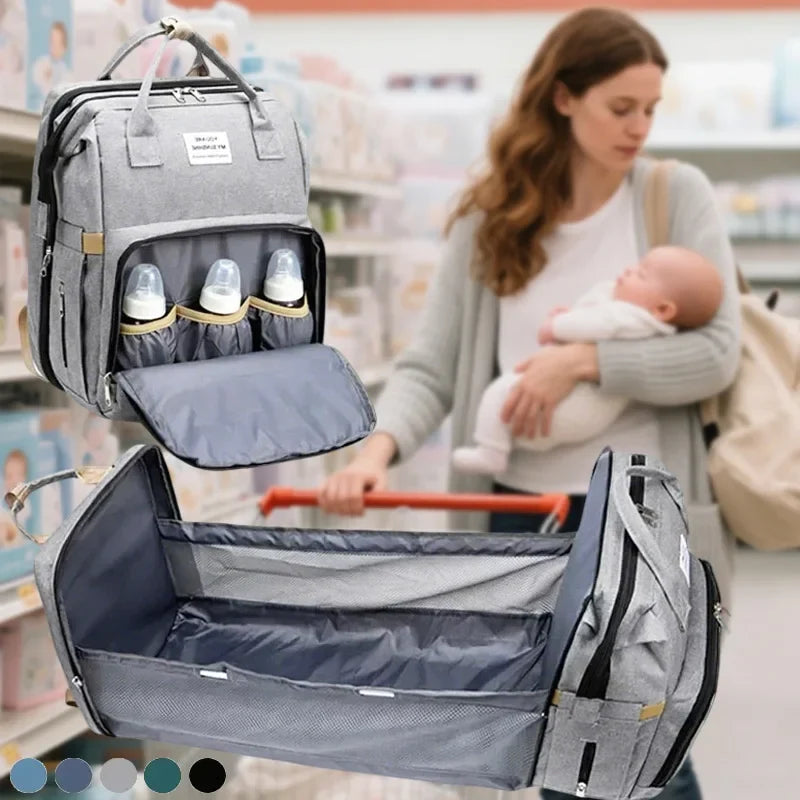 3-in-1 Diaper Bag Backpack with Changing Station - Foldable Baby Bed & Travel Bassinet