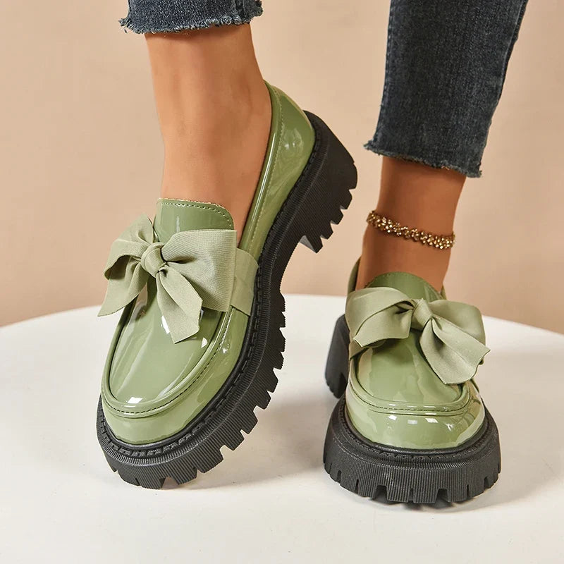 Novara | Chunky Platform Shoes for Women - Butterfly Bow High-Gloss Leather Trendy Fit-Women's Flats-Green-4-Camoufit