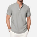 Cazaro | Henley Shirt for Men - Short Sleeve Grandad Collar Chest Pocket Regular Summer Fit-Men's Henley Shirt-Gray-S-Camoufit