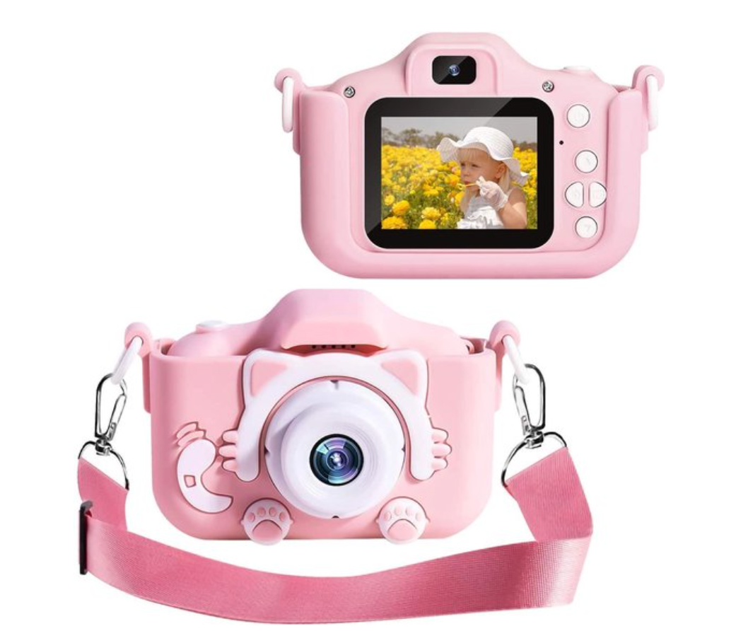 Pink kids digital camera front view with screen, cat-ear design, and shoulder strap