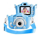 Blue kids digital camera front with display showing a portrait photo