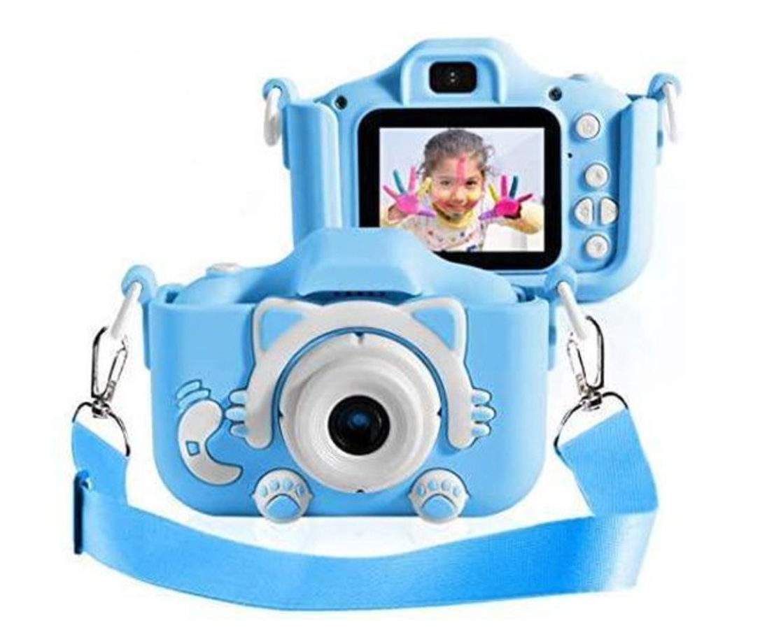 Blue kids digital camera front with display showing a portrait photo