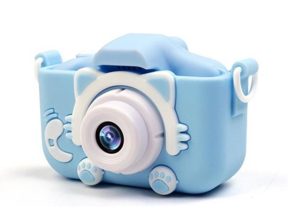 Blue kids digital camera close-up, cat-ear case and front lens centered