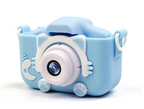 Blue kids digital camera close-up, cat-ear case and front lens centered