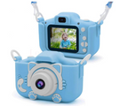 Blue kids digital camera with cat-ear case, rear screen and lens, with hand straps
