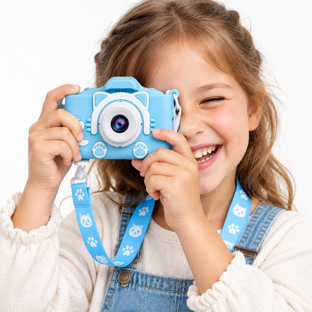 Child holding a blue kids digital camera, smiling while looking at the lens