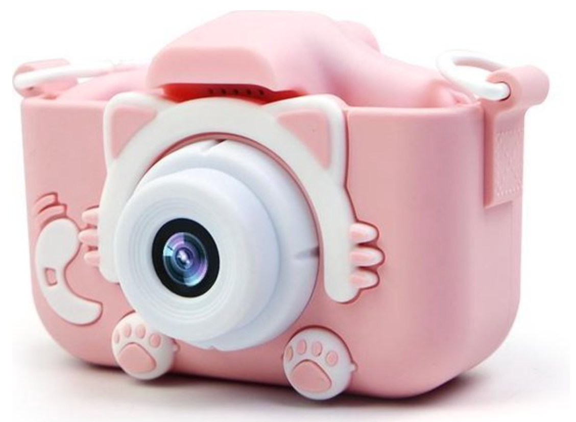 Pink kids digital camera with large white lens and cat-paw textured side grips