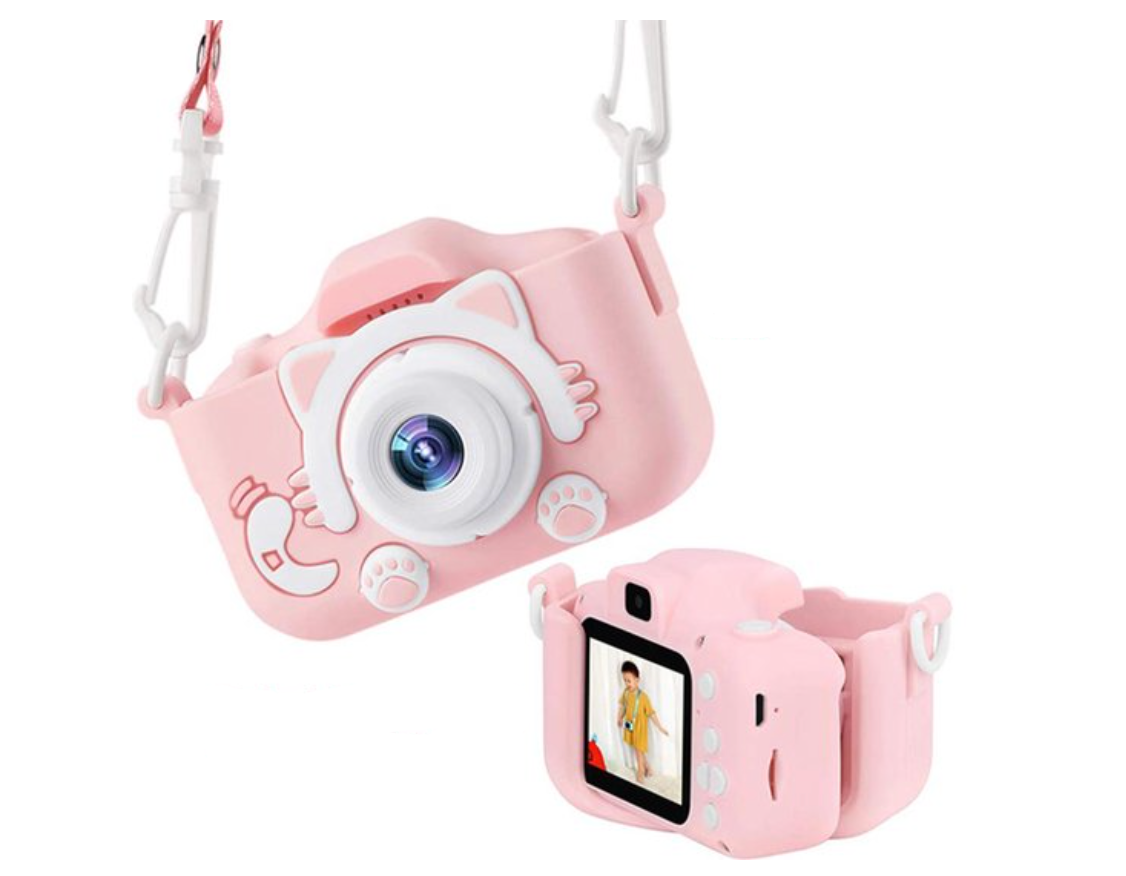 Pink kids digital camera with cat-ear case, lanyards, and second camera shown
