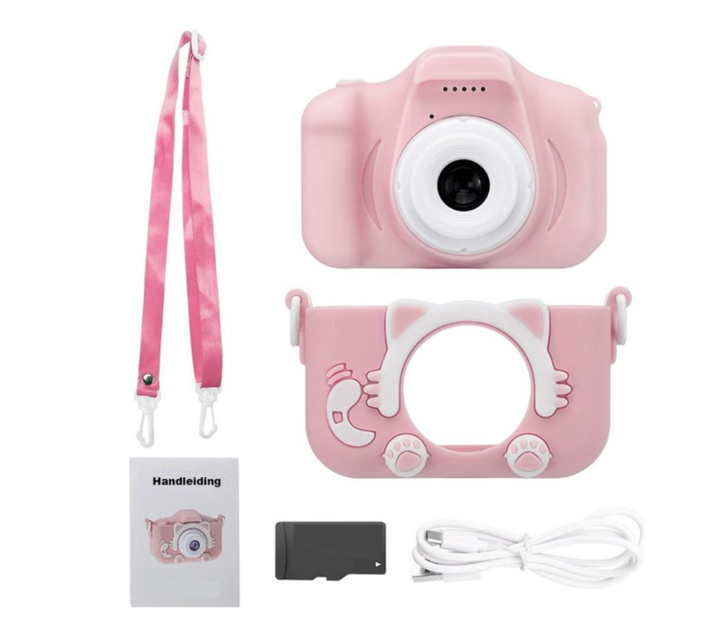 Pink kids digital camera with wrist strap and included cable and manual