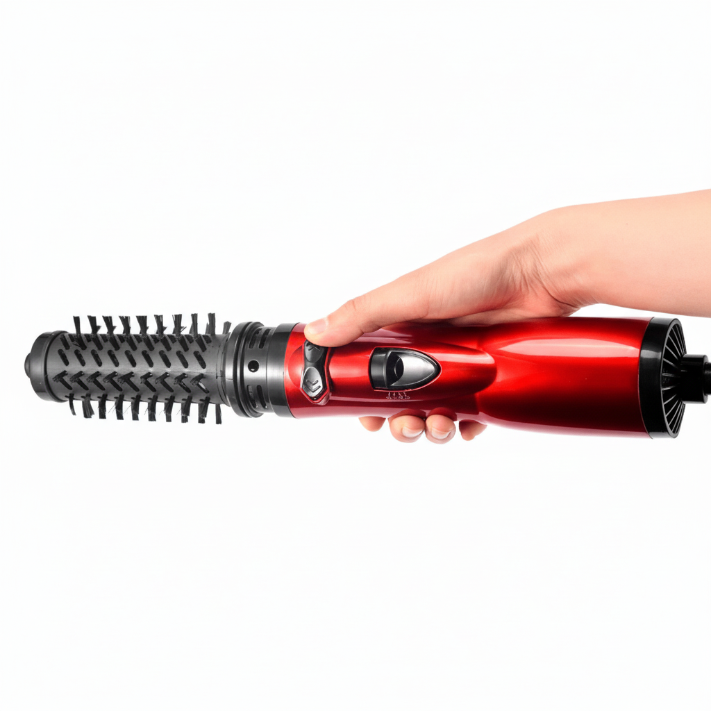 3-in-1 hot air hair brush dryer in hand with red body and round bristle barrel