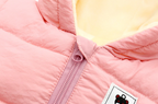 Pink baby snowsuit with front zipper and bear applique patch on chest