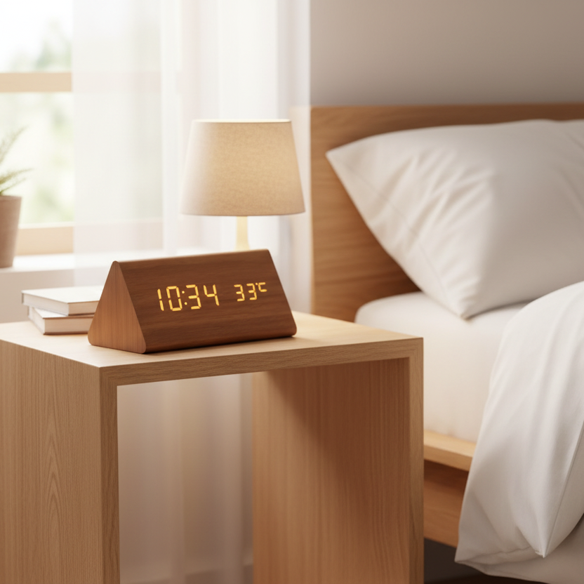 Wooden LED digital clock on bedside table with orange time and temperature display