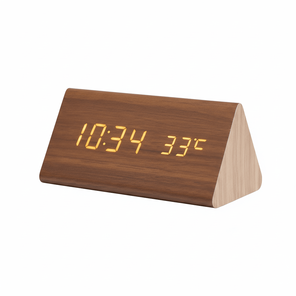 Brown wooden LED digital clock with amber time display on angled stand