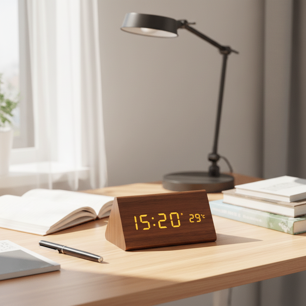 Wooden LED digital alarm clock with orange time display and angled stand on desk