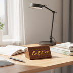Wooden LED digital alarm clock with orange time display and angled stand on desk